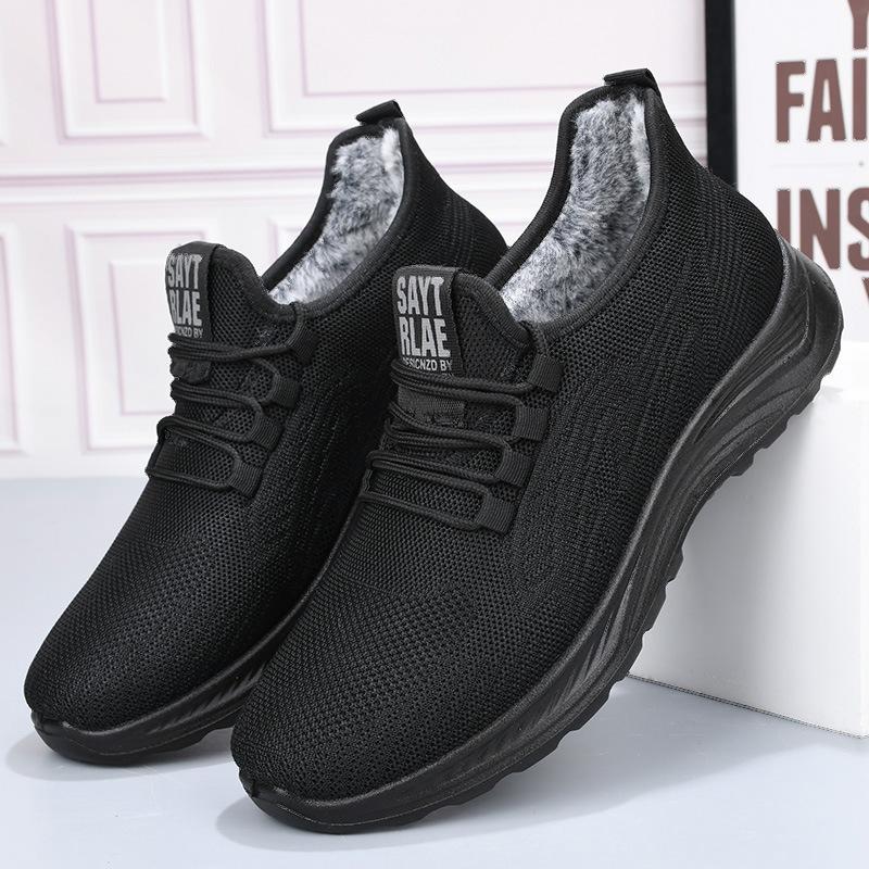 

Мужские зимние ботинки 2024 года: Летающие тканые, с бархатной подкладкой, теплые хлопковые повседневные спортивные туфли Size 42 чёрный