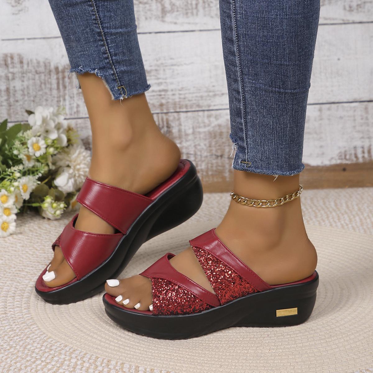 

мода Модные женские повседневные босоножки на танкетке с блестками из искусственной кожи на танкетке удобные босоножки для женщин весна-лето на танкетке тапочки 35 красный