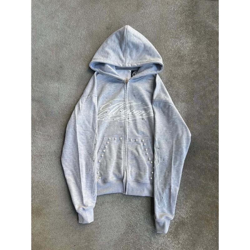 High Street Style Rhinestone Pearl Hooded Cardigan Gray Letter Print Loose Sweatshirt Unisex