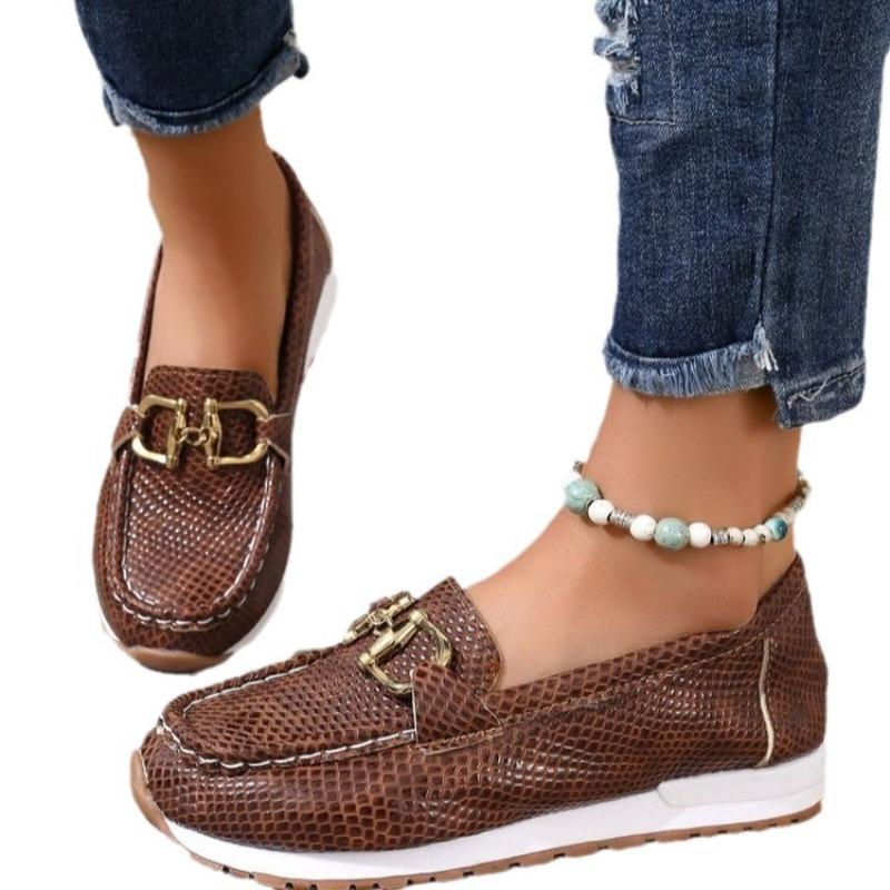European and American Large-size Loafers Women's Spring New Round Head Metal Buckle Comfortable Foot Shoes Women's Shoes
