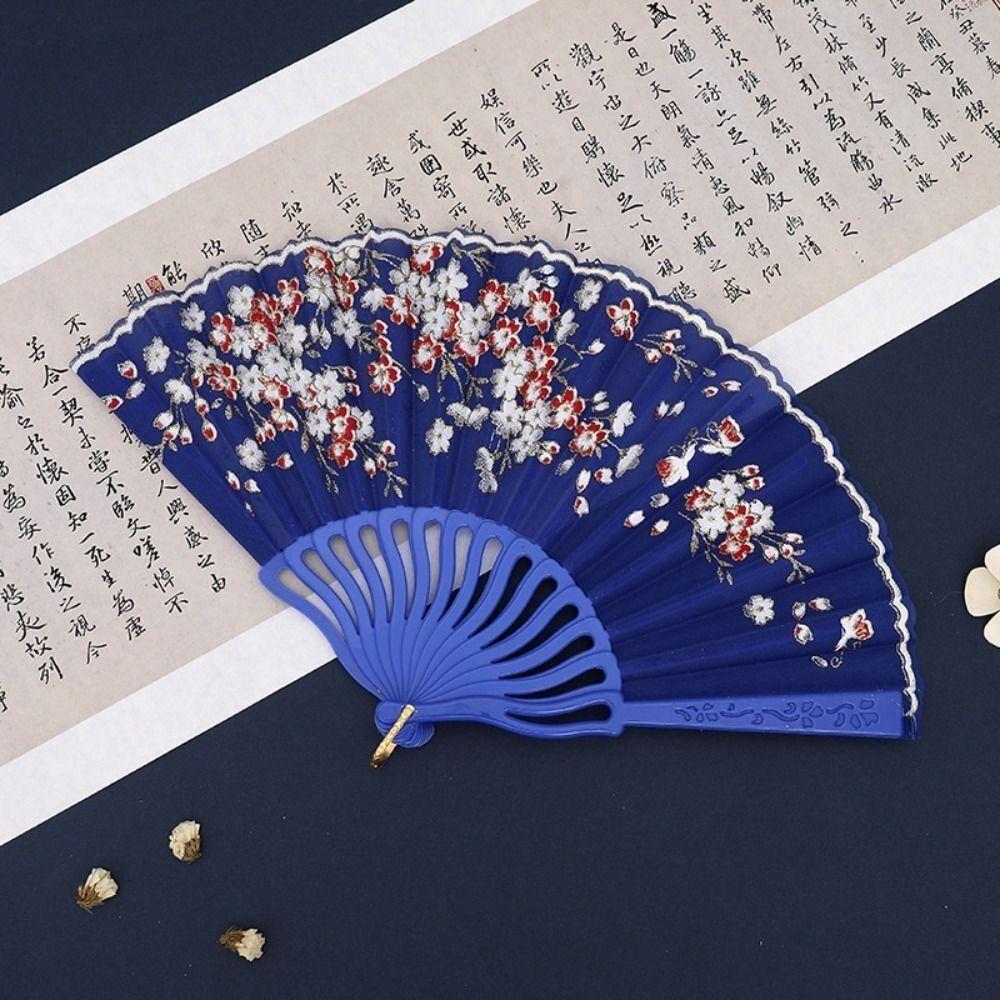 Elegent Chinese Style Plum Blossom Fan Plastic Dance Performance Props Antique Folding Fan Flower Pattern Cloth Dance Fan