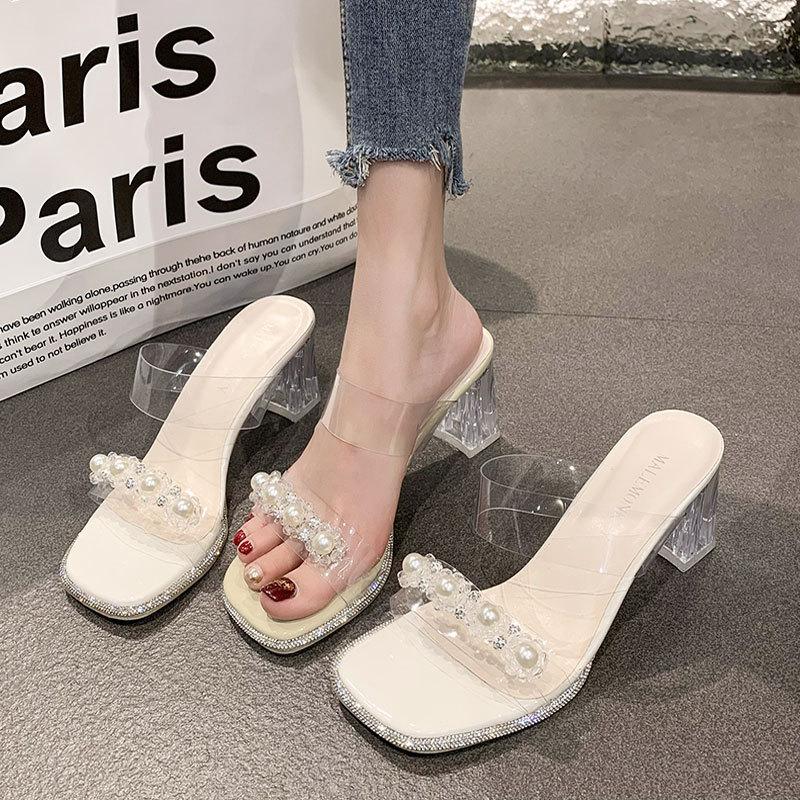 French High-heeled Slippers Women's Summer Outer Wear 2025 New Pearl Small Fragrant Style Transparent One-word Drag Thick-heeled Crystal Sandals