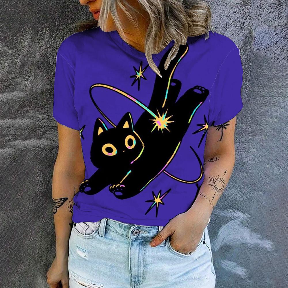 

Элегантная повседневная свободная женская футболка, летняя мода, новый топ с круглым вырезом и коротким рукавом, с принтом кошки, простая высококачественная футболка 6XL