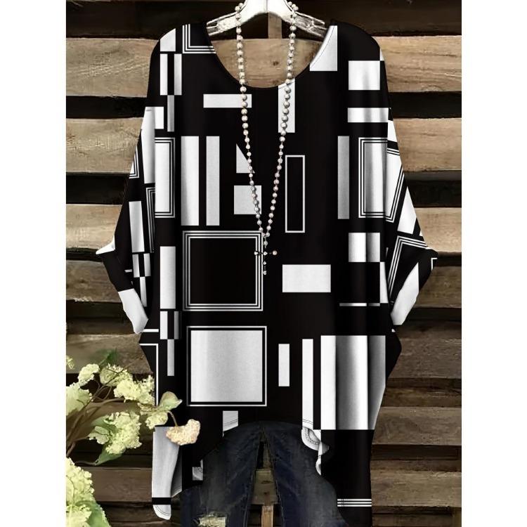 Women Vintage Plaid Stripe Printed Asymmetrical Hem O Neck Short Sleeve T Shirt Casual Fashion Street Top