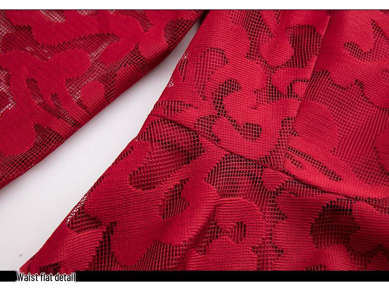 European & American Plus Size Red Lace Swing Dress - Spring/Autumn Fashion 200 Jin