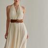 2026 Summer New Beige Neck Dress Women's French V-neck Pleated, Long Dress Holiday Style Temperament Big Swing Dress