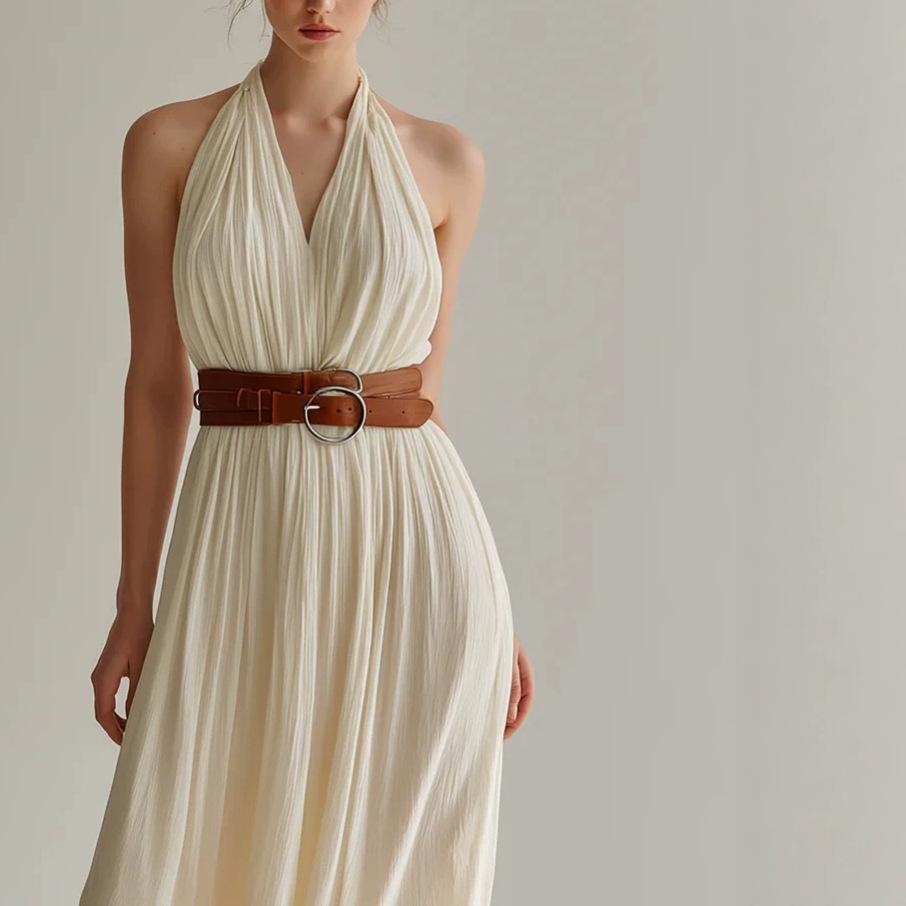 2026 Summer New Beige Neck Dress Women's French V-neck Pleated, Long Dress Holiday Style Temperament Big Swing Dress
