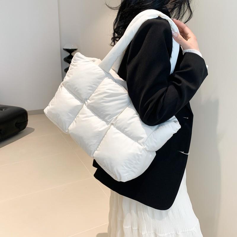 Womens Oversized Cotton Puffer Jacket Tote Bag In Pastel Colors Soft Square Shoulder Handbag With Zip Inner Pocket