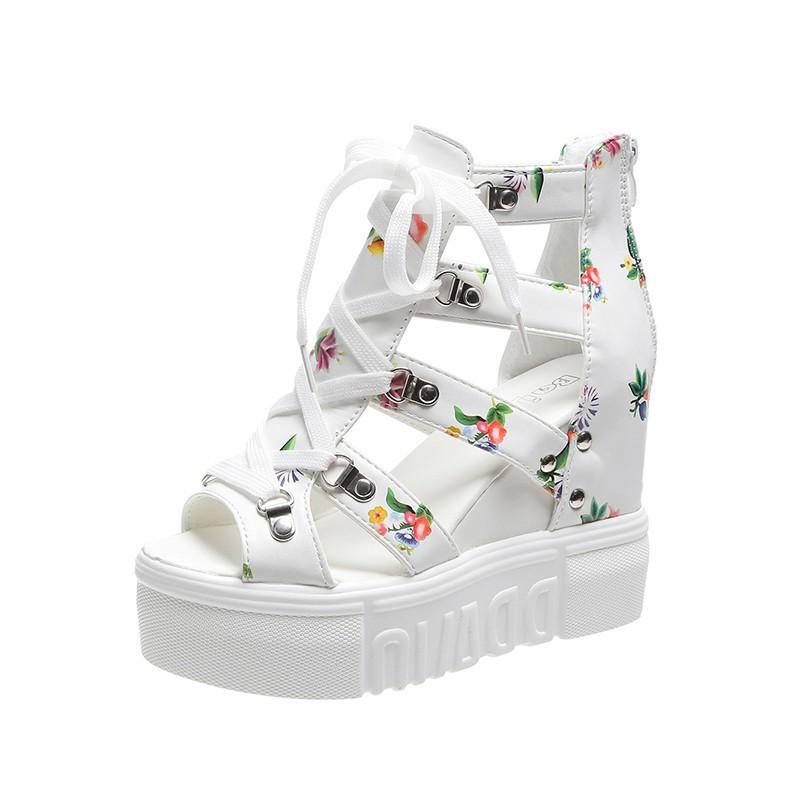 High-heeled sandals women's summer new thick-soled muffin wedge heel student hollowed out fish mouth inner height-increasing sandals