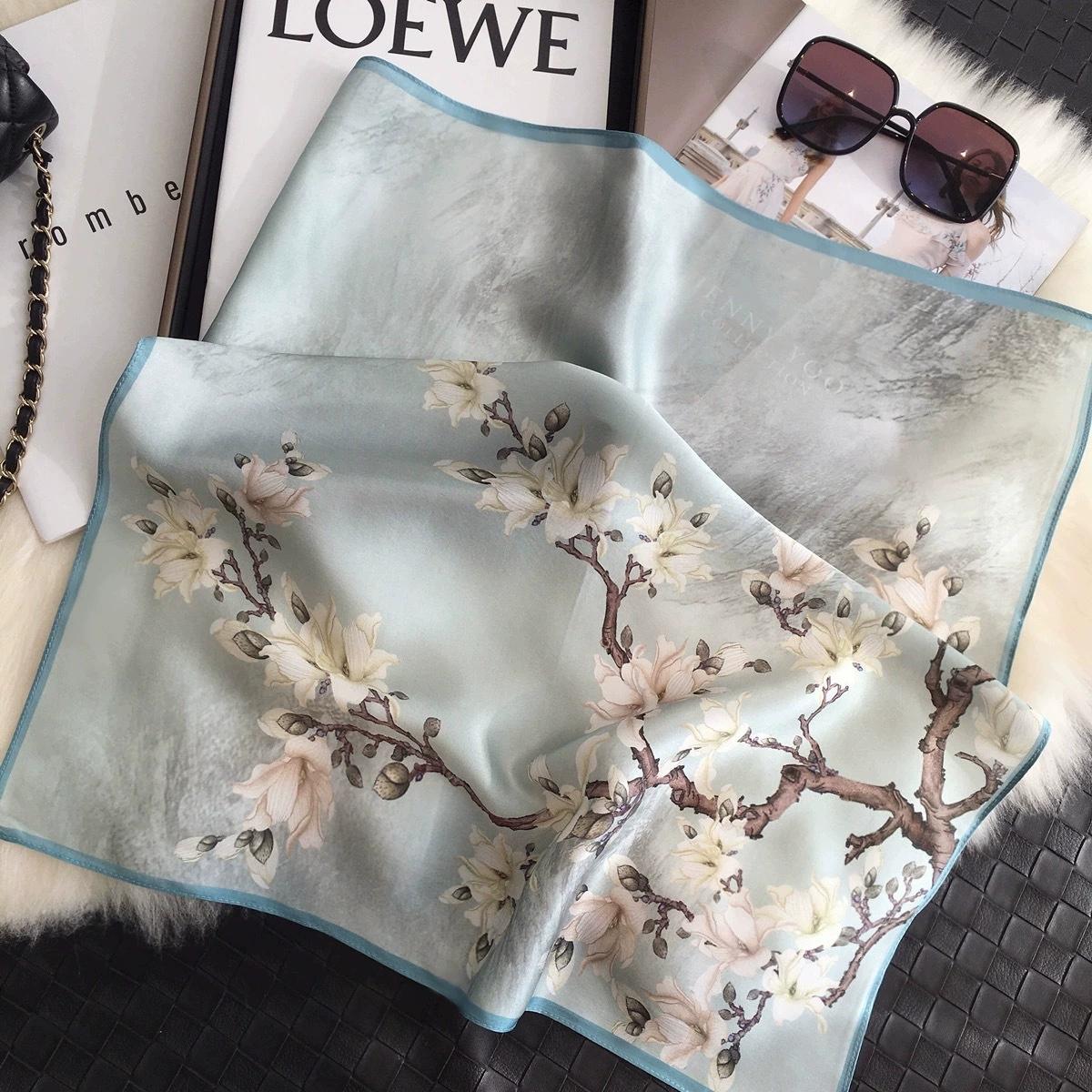 

Women Elegant 53CM Square 100% Silk Scarf Flower Design Small Head Neck Hijab Kerchief Silk Bandana Scarves For Ladies 53x53cm