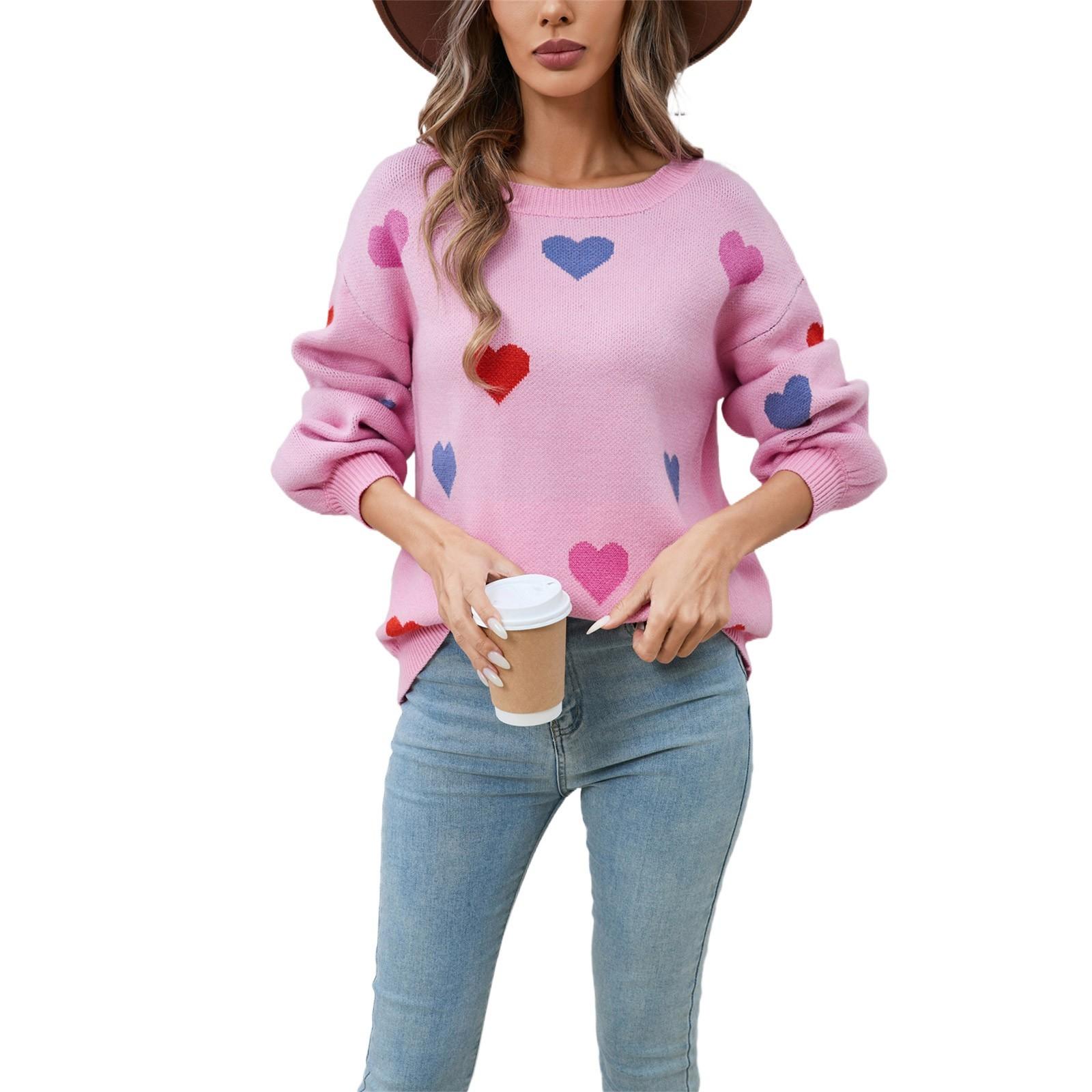 

Женский свободный повседневный модный свитер с круглым вырезом и сердечком, вязаный свитер-рубашка L розовый