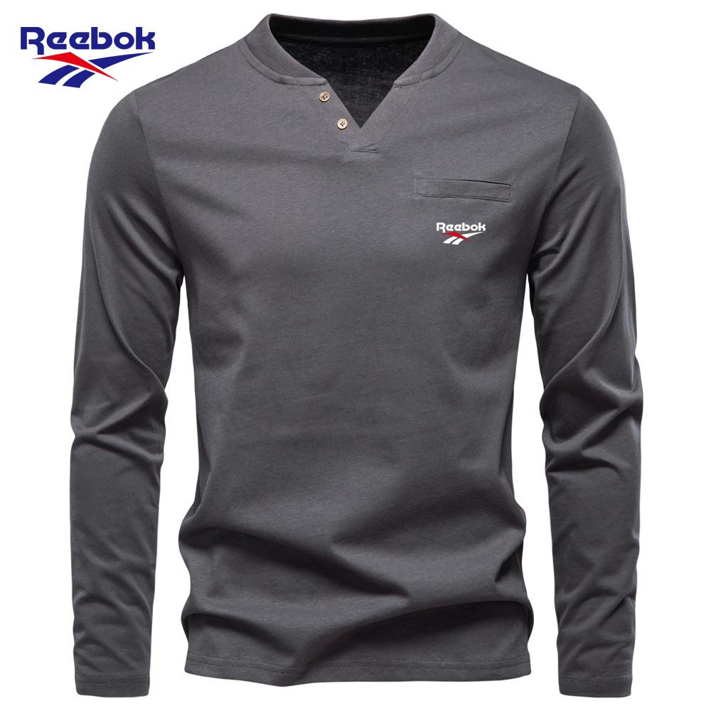 Reebok 2026 Autumn New Men's Embroidery Casual European Size V-neck Long Sleeved T-shirt Slim Fit Base Shirt Pure Cotton T-shirt Top for Men
