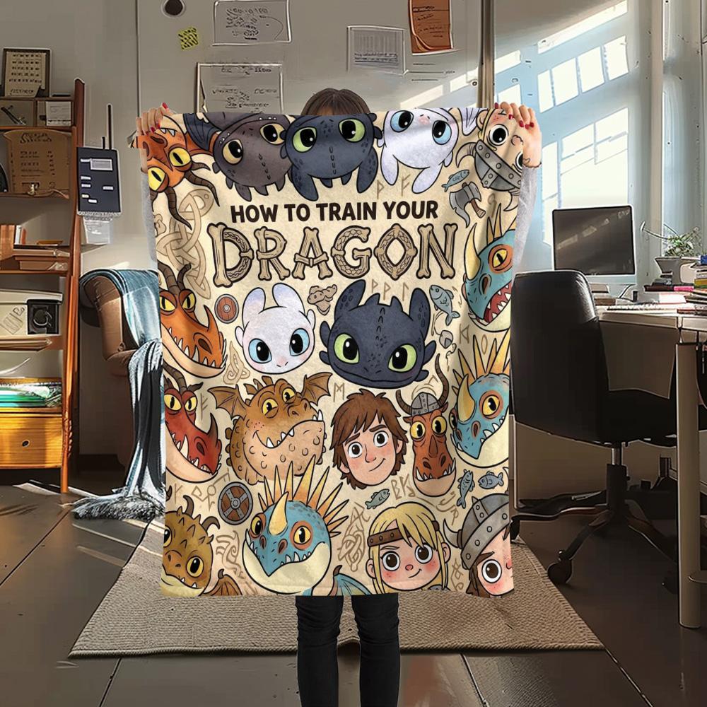 1PC How Train Dragon Patterned Flannel Blanket Suitable For All Seasons For Home Decor Warmth And Comfort Gifts Holiday Present