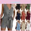 Col en V Femmes Noeud Casual Poche Sans Manches Shorts Shorts Larges Combinaisons Combishorts