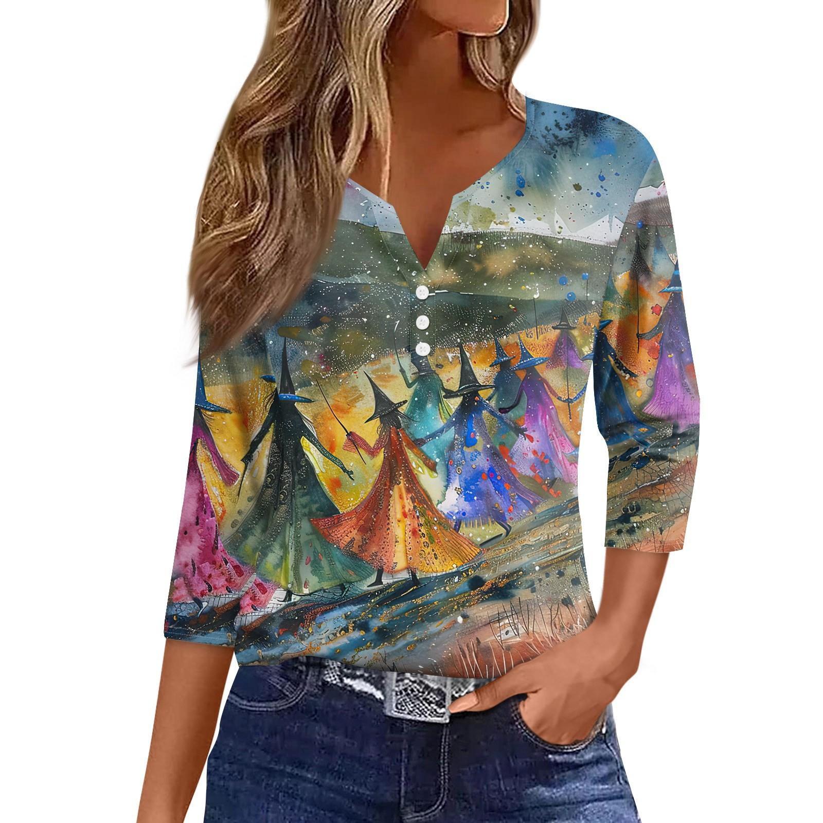 

Женская футболка с принтом на Хэллоуин, на пуговицах, рукав 3/4, повседневная мода на выходные, базовый топ с V-образным вырезом XXL золотой