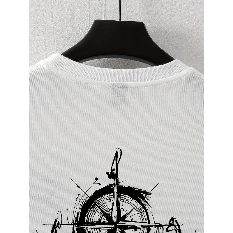 European sizes Men's Y2K Compass & Raven Print T-Shirt - Loose Fit Round Neck Short Sleeve Summer Top, Breathable Casual Shirt Suitable