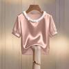 Women's Stylish Pearl Collar Satin T-Shirt: Short-Sleeve, Round Neck, Summer Fashion.