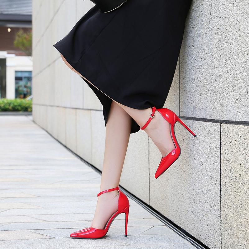 European and American Style High Heels One-liner Strap Simple Metal Thin Heels Shallow Tip-toed Hollow Single Shoes Elegant and