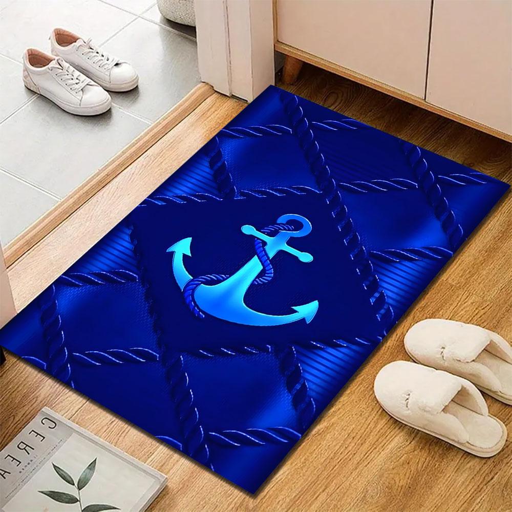 Nautical Anchor Design with Rope Motif Patterned Carpet, Suitable As a Non Slip Play Mat for the Living Room and Bedroom Sofa