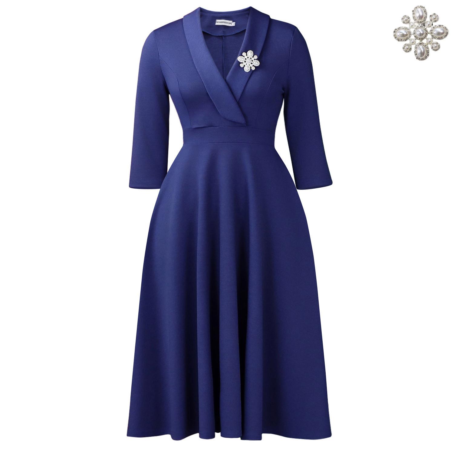 

C8650 Источник Женская одежда Модный темперамент Элегантное однотонное платье с лацканами, высокой талией и широкой юбкой, африканское платье S