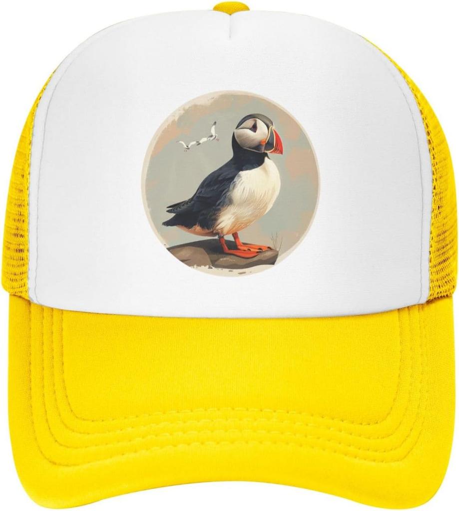 Puffin Bird Graphic Print Polyester Trucker Hat Adjustable Summer Casual Baseball Cap for Unisex