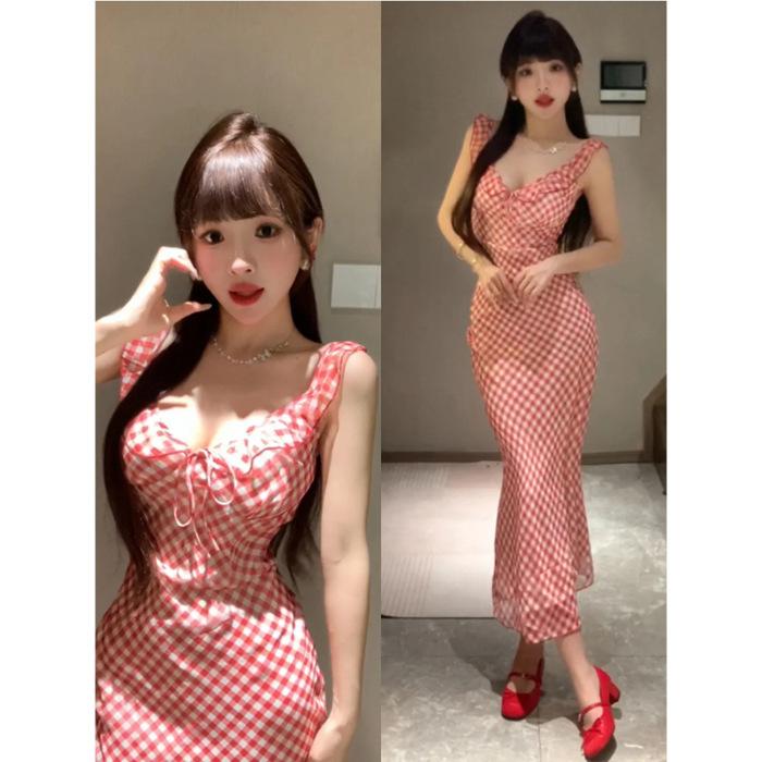 

[Original practice + inner lining] Sweet French red plaid suspender dress children s vacation wind fish tail long S