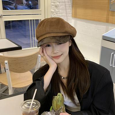 Literary Retro Octagonal Hat Children Autumn and Winter Corduroy Pu Leather Beret Showing Face Small Newsboy Hat British Painter Hat