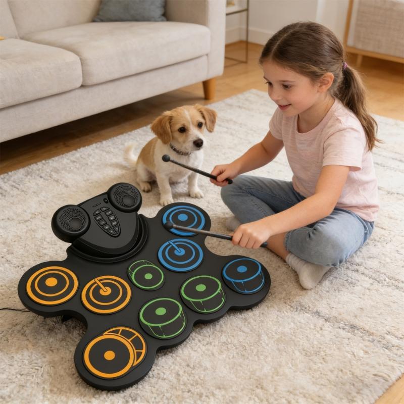 10 Pad Foldable Electronic Drum Set With Sound Output And Adjustable Setting For Kids And Beginners
