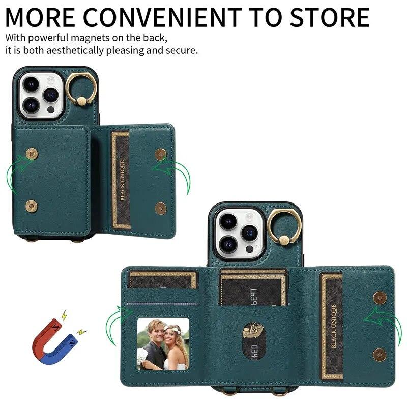 Ring Lanyard Leder Brieftasche Fall für iPhone 15 Pro Max 14 Plus 13 Pro 12 Samsung Galaxy S24 Ultra S23 S22 21 FE A25 A15 A54 A34 A14 Flip Telefon Abdeckung