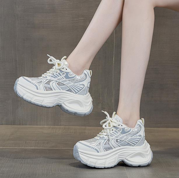 Fashion 9CM Women Spring Summer Air Mesh Shoes Mules Shoes Vulcanize Chunky Sneakers Microfiber Platform Wedge Hollow Slides Sandals