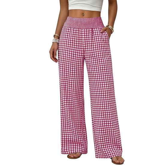 Women Wide Leg Pants Striped Pants, Summer Elastic Waist Casual Soft Lounge Trousers, Breathable Loose Fit Palazzo with Pockets