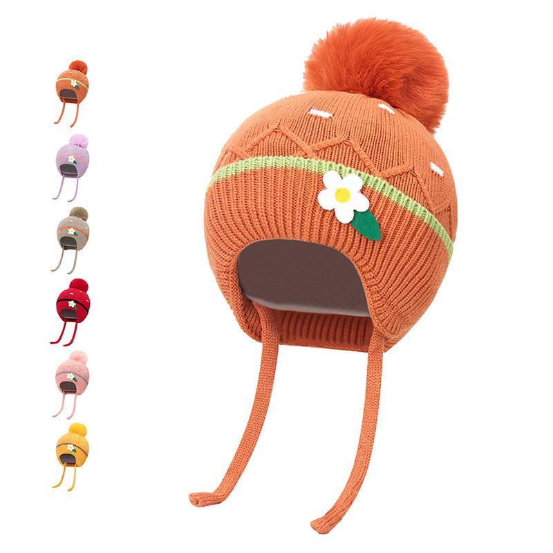Bonnet en laine résistant au froid pour enfants, automne hiver, fille, épais et chaud, protection des oreilles, fleur, boule de cheveux, bonnet tricoté