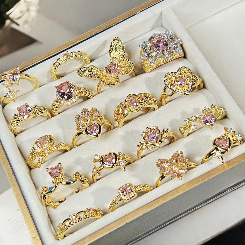 Sweet Girl Heart Pink Love Zircon Crown Open Ring Niche Design Light Luxury High Sense Fashion Ring