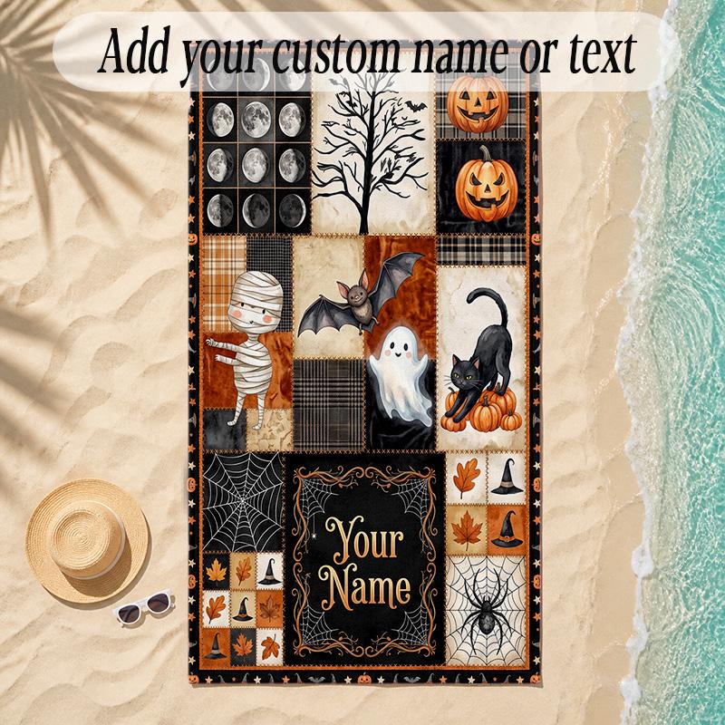 Halloween Theme Soft Beach Towel Personalized Custom Name Text Towel Portable for Beach Pool Travel