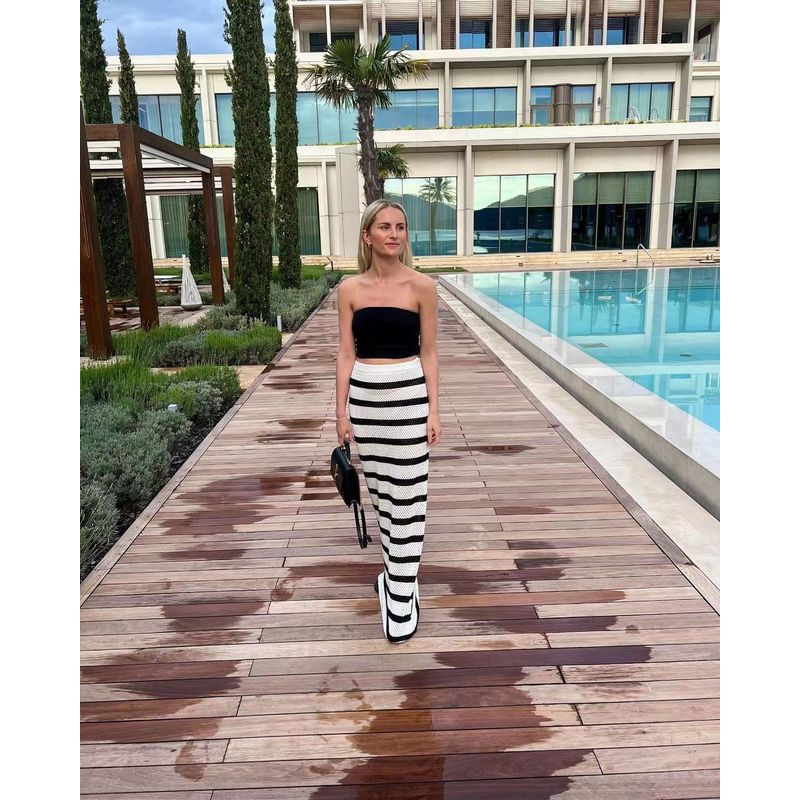 

Fashion Wind Beach Stripes Lapel Short Sleeve Tops Contrast Skirt Knitted Tops and Skirts Skirt L