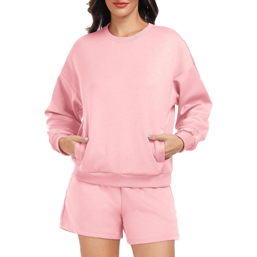 Women's Loose Tracksuit Long Sleeve Sweatshirt Elastic Waist Shorts Casual Loungewear Set