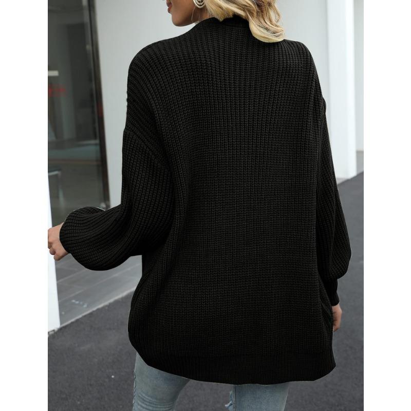 Womens Loose Long Lantern Sleeve Thick Solid Knit Cardigan Sweater Coat With Pockets