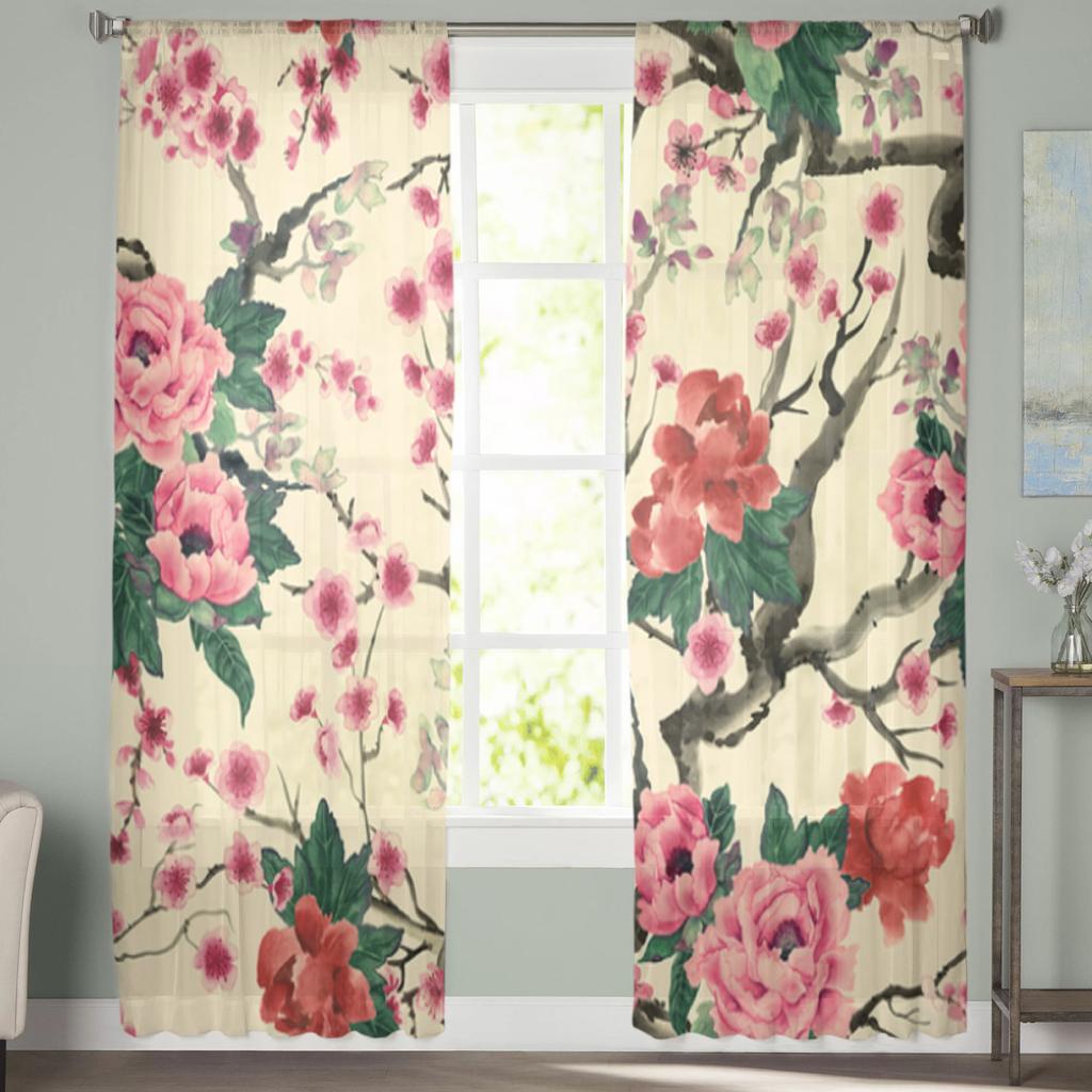 Sakura Pfingstrosenblüten in Vintage-Topf Transparente Gardinen für Wohnzimmer Durchsichtiger Tüll Fenstergardine Schlafzimmer Küche Schleier Vorhänge