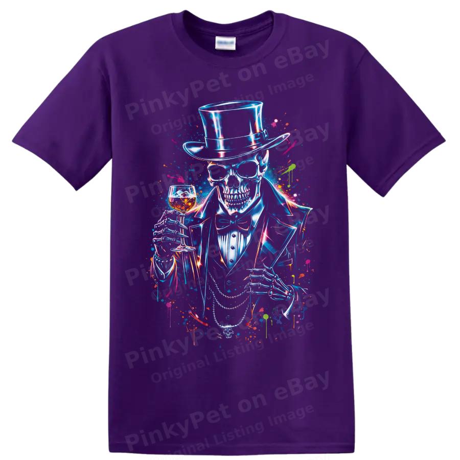 Skeleton Gentleman T Shirt W Top Hat Whiskey Glass Neon Gothic Art Style Tee