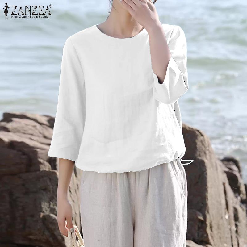 ZANZEA Women Casual Round Neck Loose Summer 3/4 Sleeve Blouse