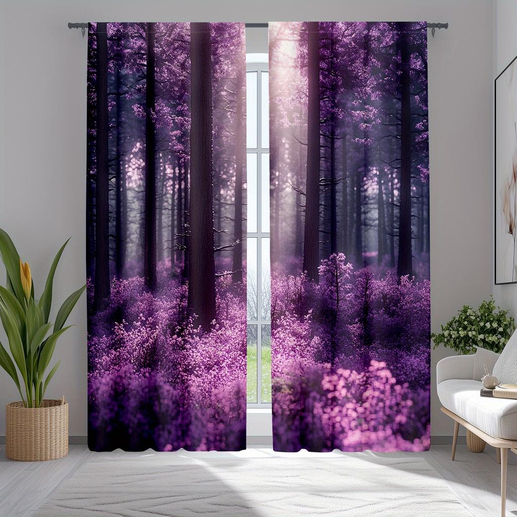 2pcs Enchanted Purple Forest Curtains - Misty Nature Landscape with Pink Flowers Semi-Transparent Rod Pocket Design for Bedroom