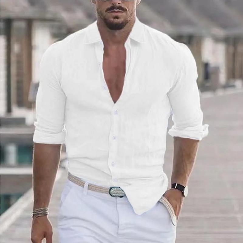 New Men s Summer Long Sleeve Shirt Solid Color Resort Beach Style Versatile Casual Top S белый