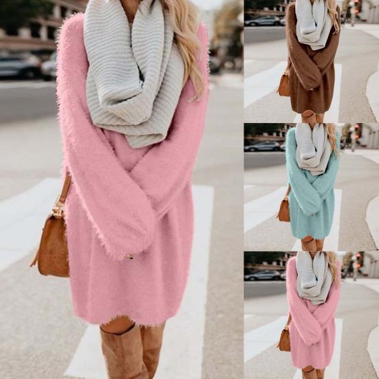 Chic Women Autumn Solid Color O Neck Sweater Fluffy Loose Knee-length Dress