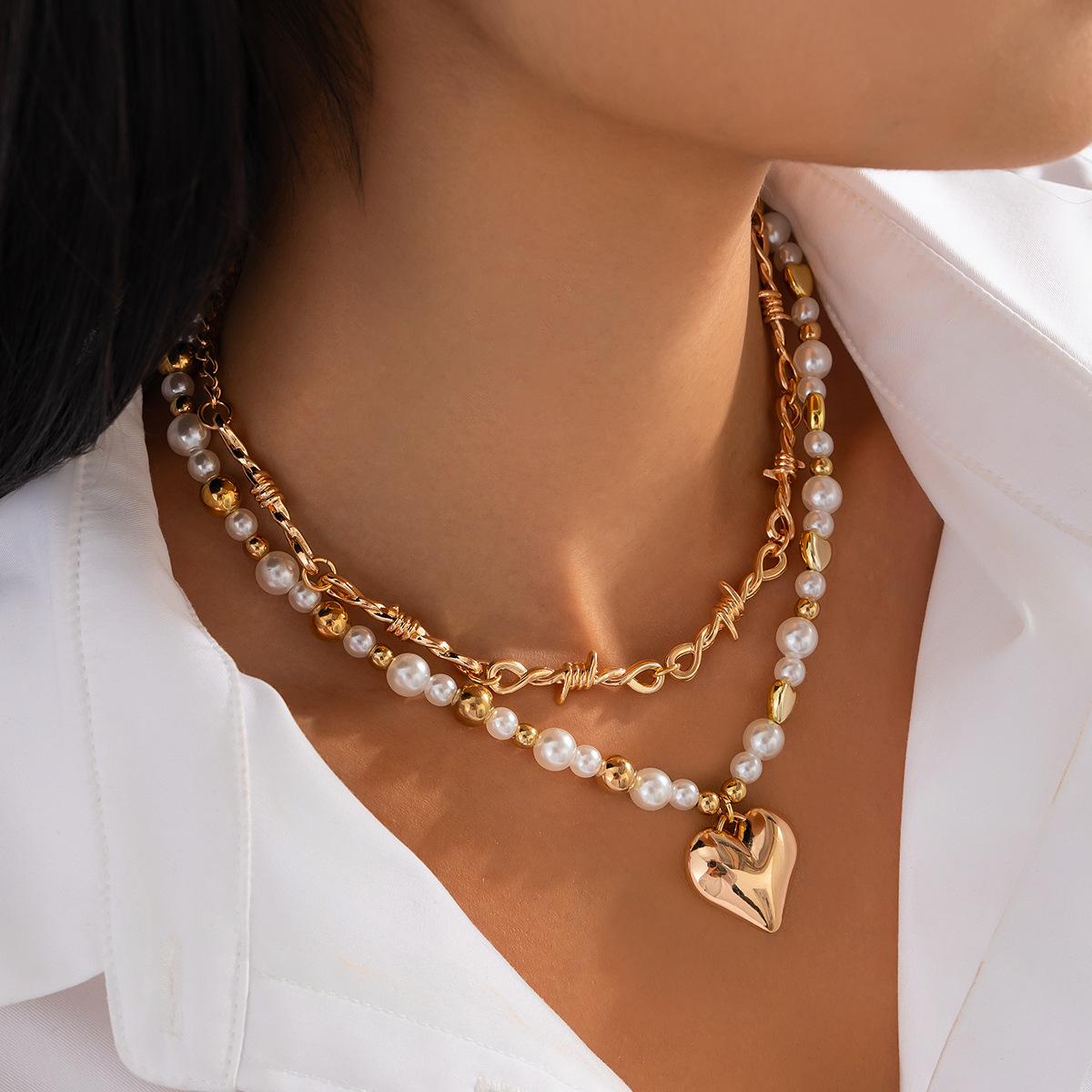 Double Imitation Pearl Love Pendant Necklace, Design Sense Metal Kink Chain Stacked Necklace