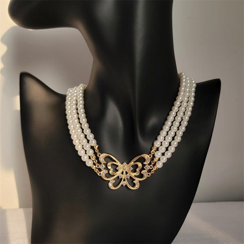 Korean Retro Pearl Diamond Fringed Neck Chain Internet Celebrity Temperament Design Sense Flower Bow Collarbone Chain Necklace Female