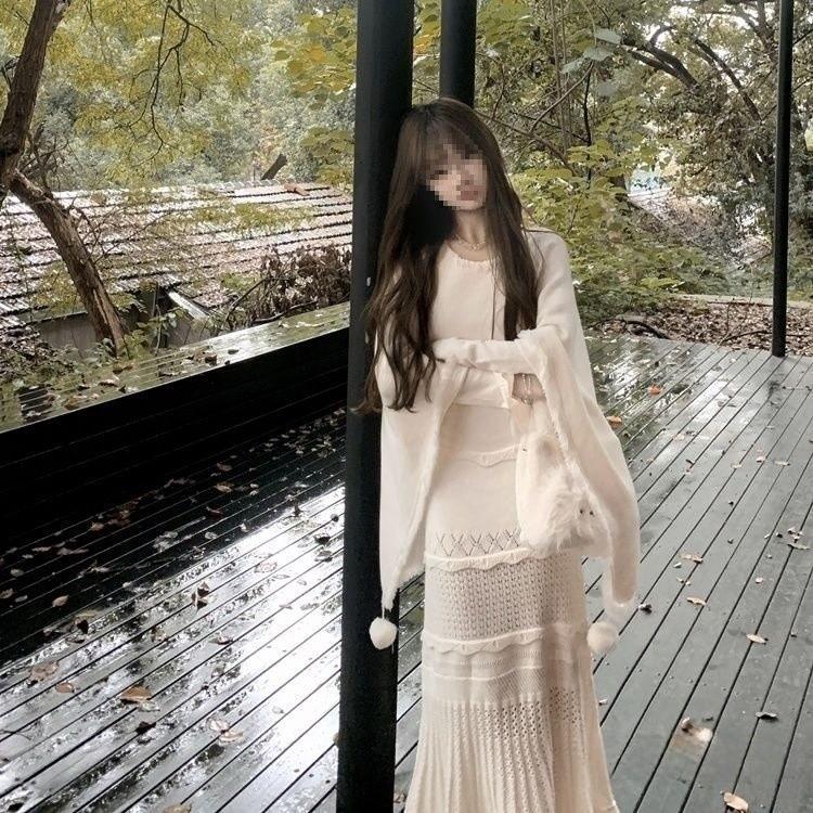Chinese Style Autumn Winter Sweater Dress Set With Abstract Print For Elegant Women