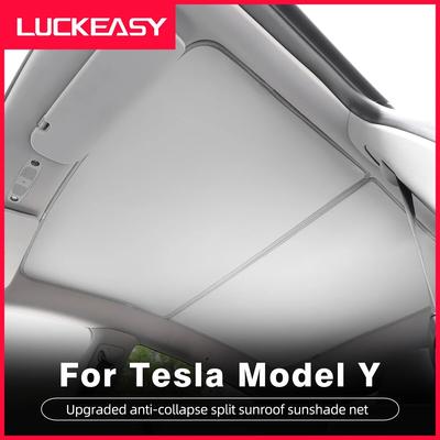 LUCKEASY Para Tesla Model Y -2023 Red de Sombra Interior Automotriz Dividida 2 Tabletas Anti-colapso Red Protectora Parasol para Techo Solar