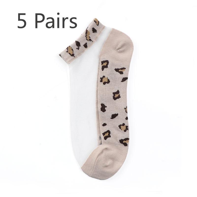 

5 пар женских весенне-летних модных носков-лодочек из дышащего стекла с леопардовым принтом 5 Pairs хаки