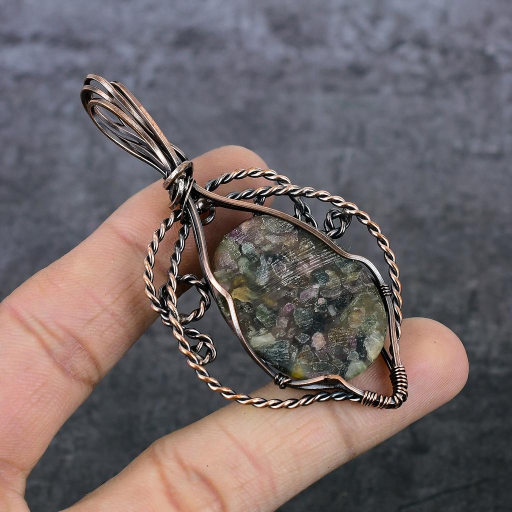 Natural Watermelon Tourmaline Copper Wire Wrap Gift Jewelry Pendant 3.15" N7V69
