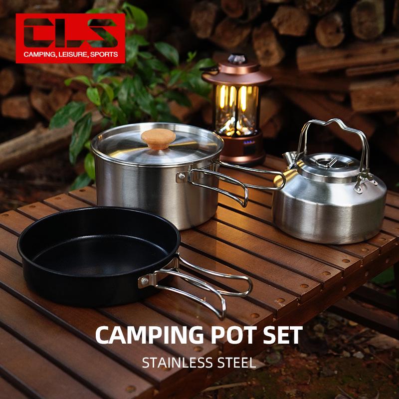 CLS Outdoor 4-teiliges Camping-Kochgeschirrset aus Edelstahl mit Antihaft-Bratpfanne und Suppentopf.